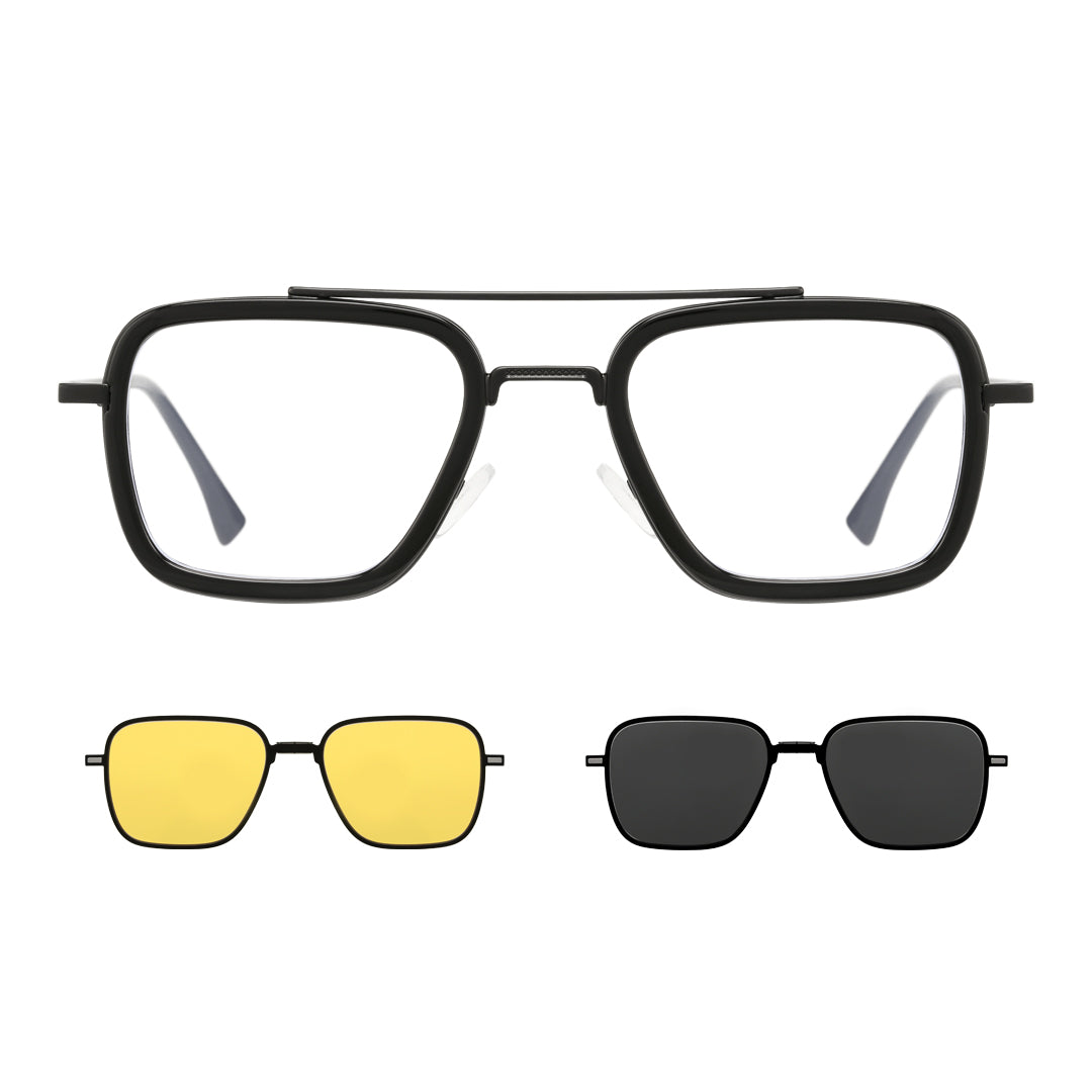 Set view of Zarek aviator metal magnetic clip-on eyeglasses set with interchangeable toppers AM0192409 in black